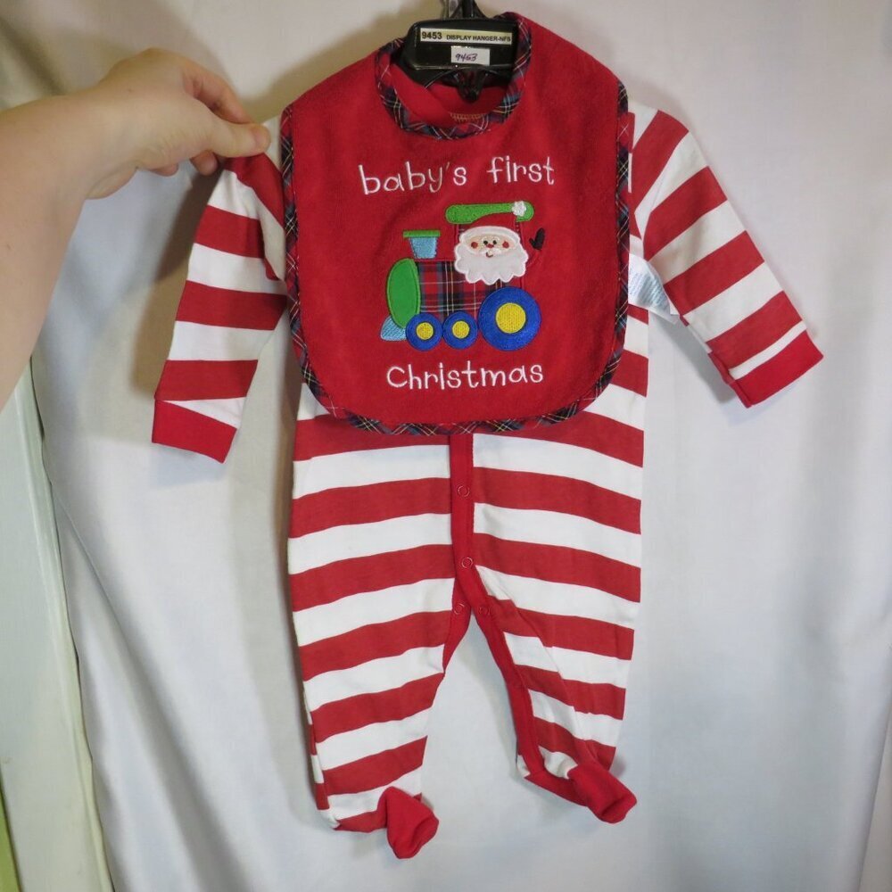 Baby my first Christmas red and white striped footed bodysuit w bib 2pcs